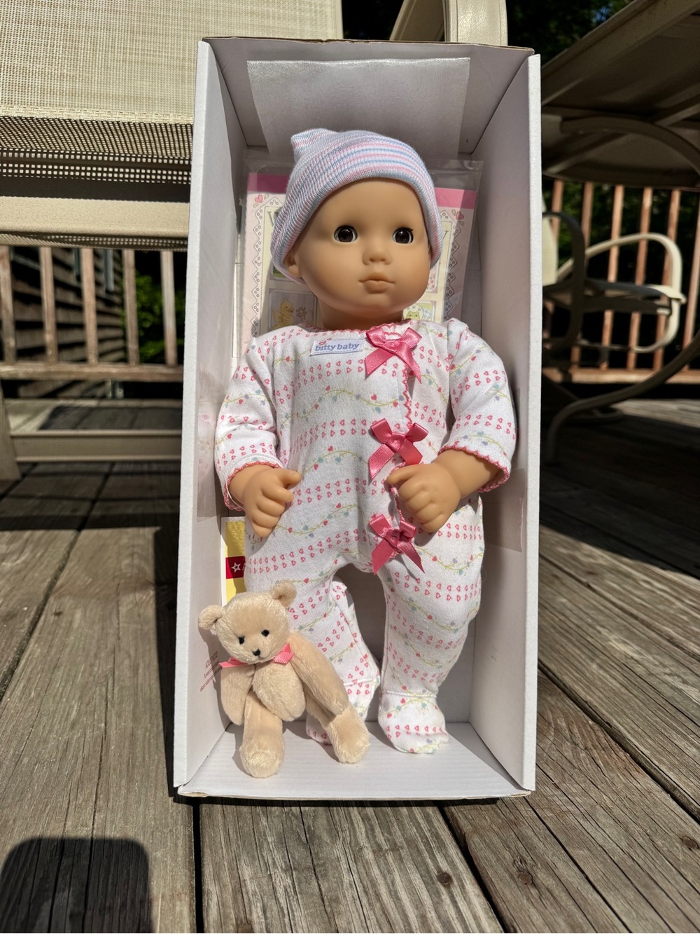 American Girl Baby Doll in Pink & White Sleep Outfit with Plush Bear - Picture 5 of 15